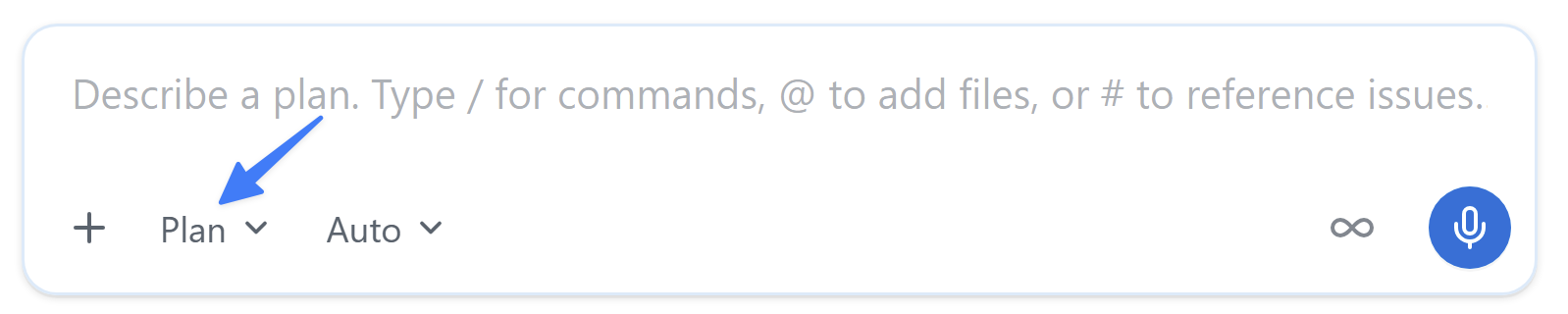 The GitHub Copilot app prompt box with an arrow pointing to the mode selector set to Plan